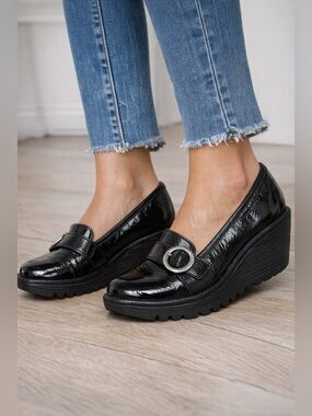 FLY London Black Patent Wedge Shoes Buckle Comfort EU 38 womens size 8